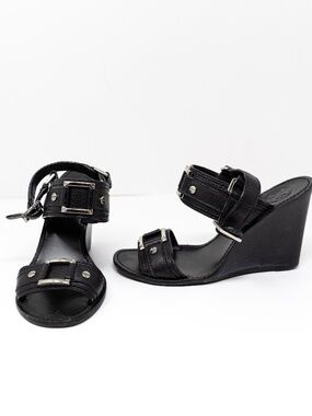 Tory Burch Cary Genuine Leather Open Toe Strappy Wedge High Heels Shoes Black 6